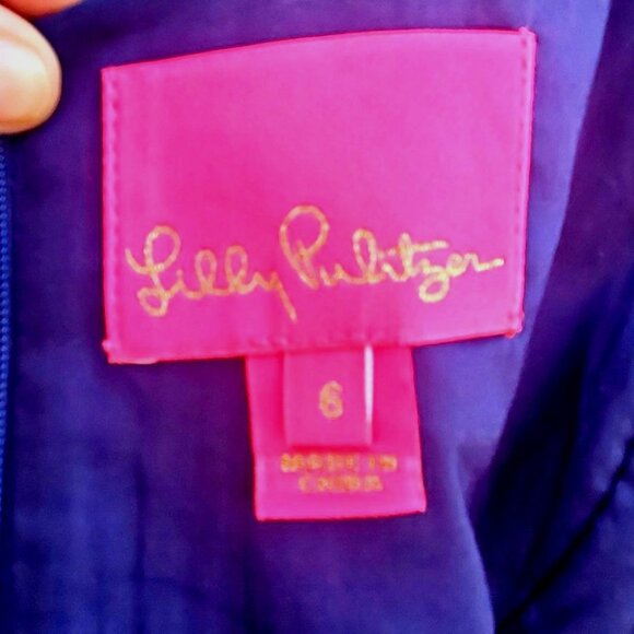 Lilly Pulitzer Valli Shift Dress Size 6 Navy Blue White Gold Sleeveless Cotton - Picture 3 of 13